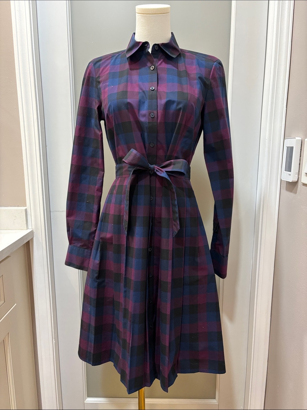 Brooks Brothers Navy and Plum Plaid Button-Front Shirt Dress